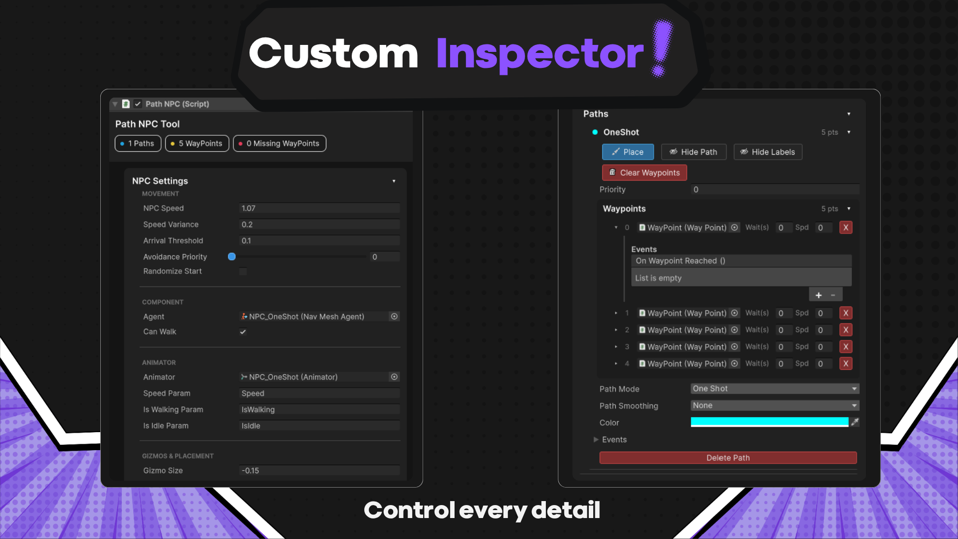 Waypoint Path System custom Unity inspector with NPC and path controls