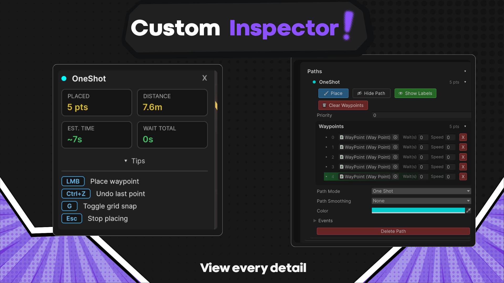 Waypoint placement HUD and custom path inspector in Unity