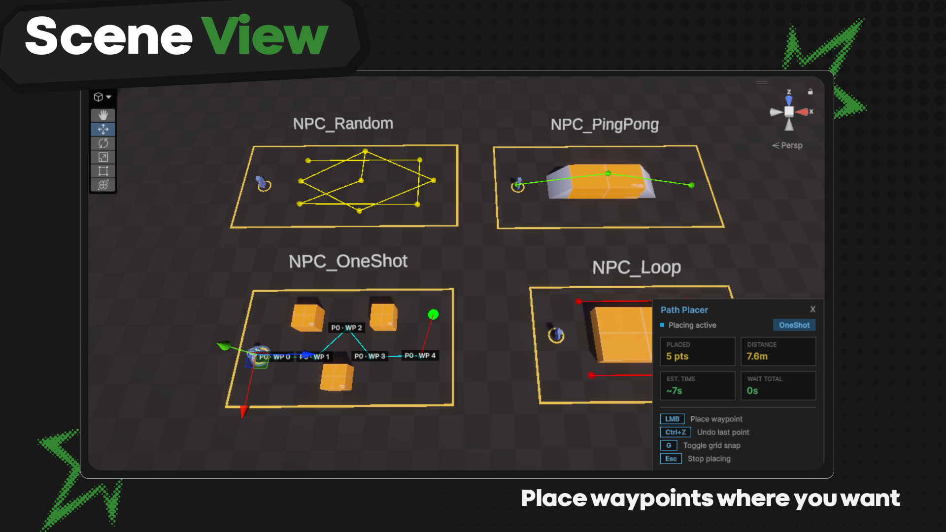 Unity Scene View showing four NPC waypoint routes and the Path Placer HUD