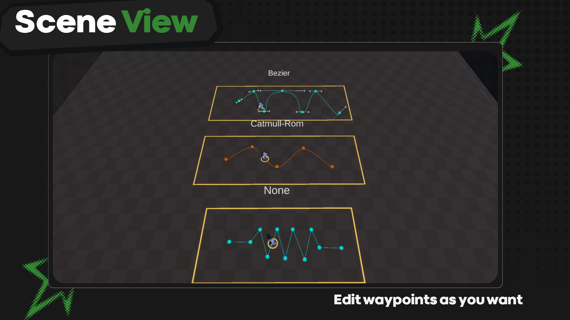 Bezier, Catmull-Rom, and straight paths edited in the Unity Scene View