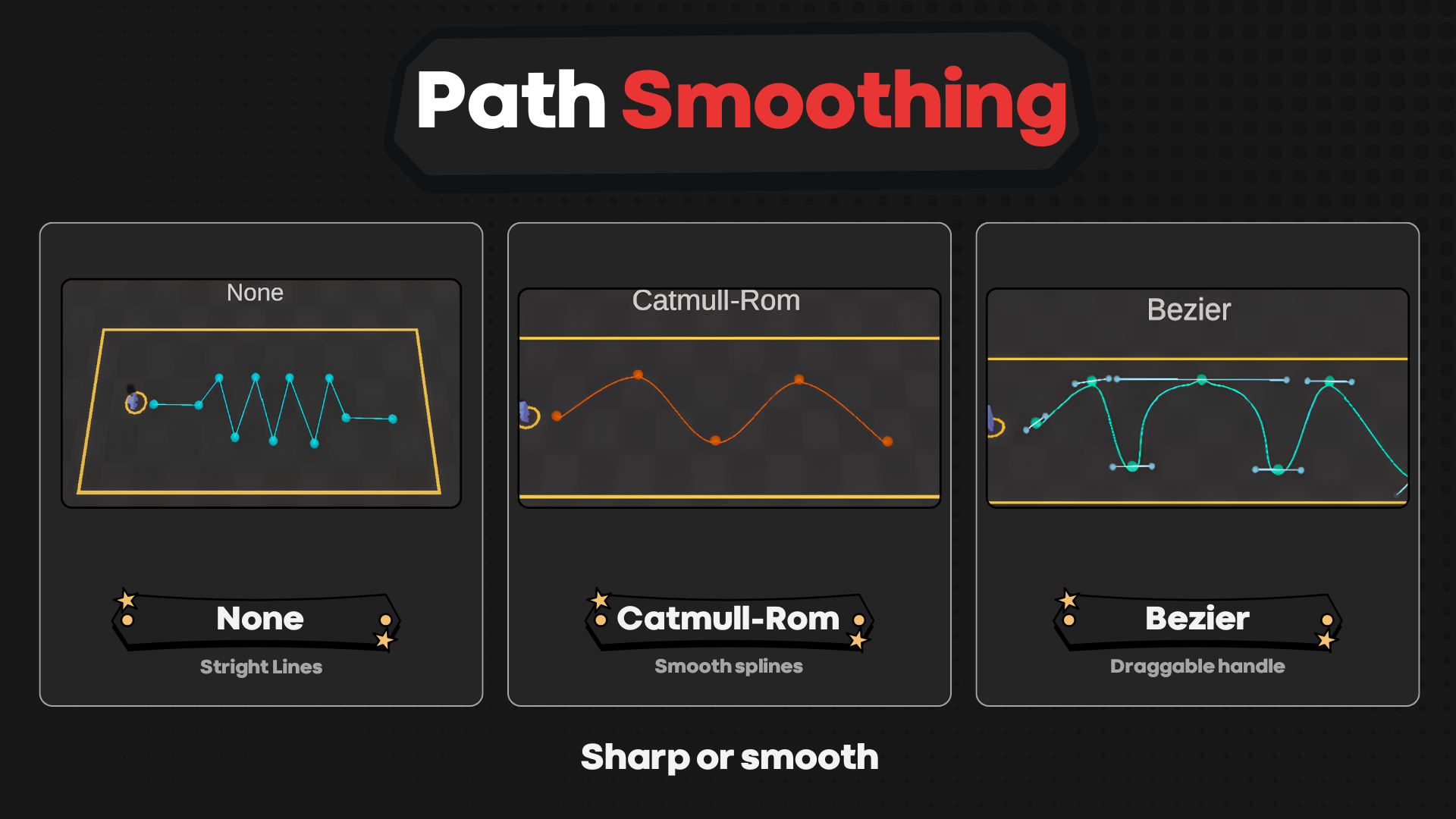 Straight, Catmull-Rom, and Bezier waypoint path smoothing options