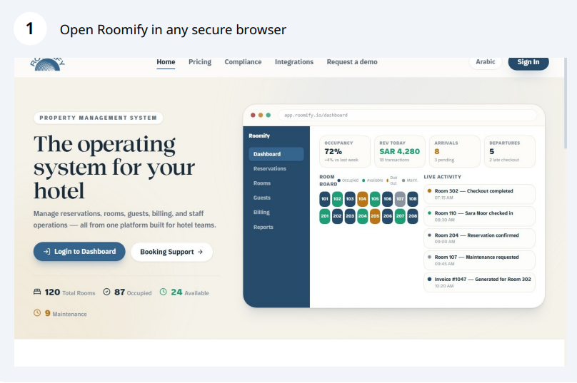 Roomify website showing the hotel operations dashboard